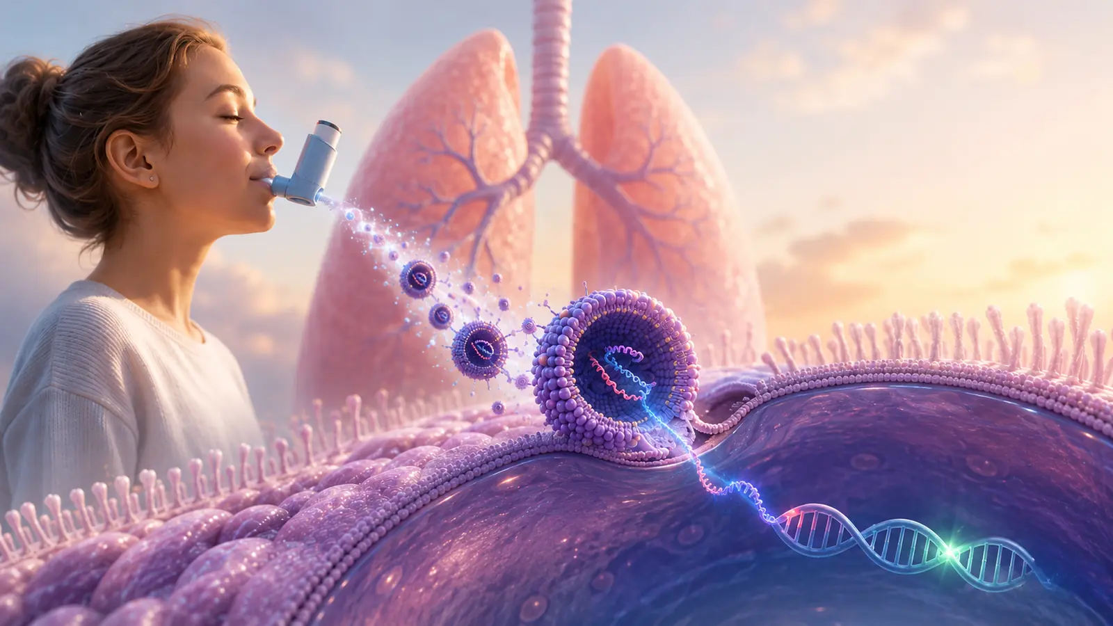 Illustration d’une thérapie inhalée ciblant les cellules pulmonaires